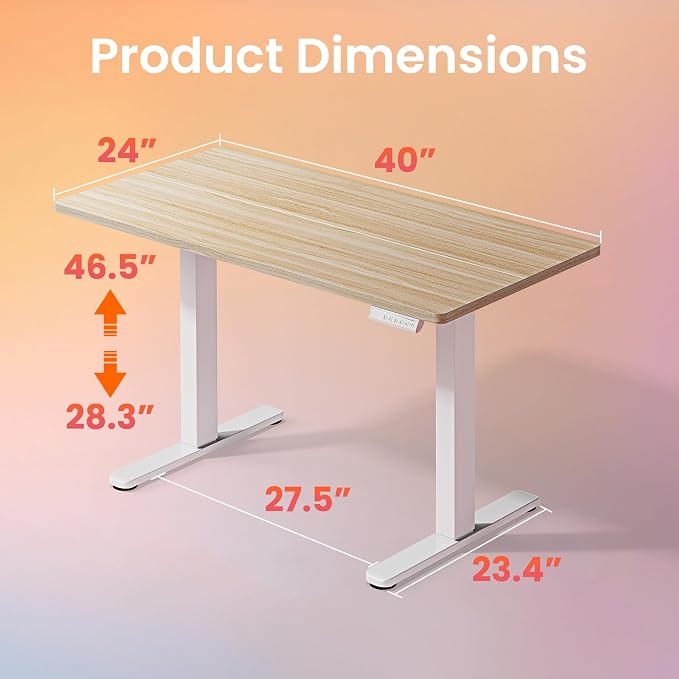 HUANUO 40x24 Inch Electric Standing Desk, Height Adjustable, Light Walnut | Smooth Home Office Desk, 176lbs Capacity with 4 Memory Presets & Headphone Hooks. Easy to assemble Computer Gaming desk - Image 3
