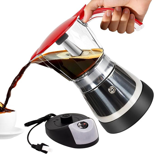 Electric Plastic Clear Moka Pot 3-6 Cup 150-300ml Mocha Pot | Stainless Steel Espresso Maker with Detachable Base Ideal Coffee Maker for Home Italian and Cuban Café Coffeemaker Red by Vaolvpant