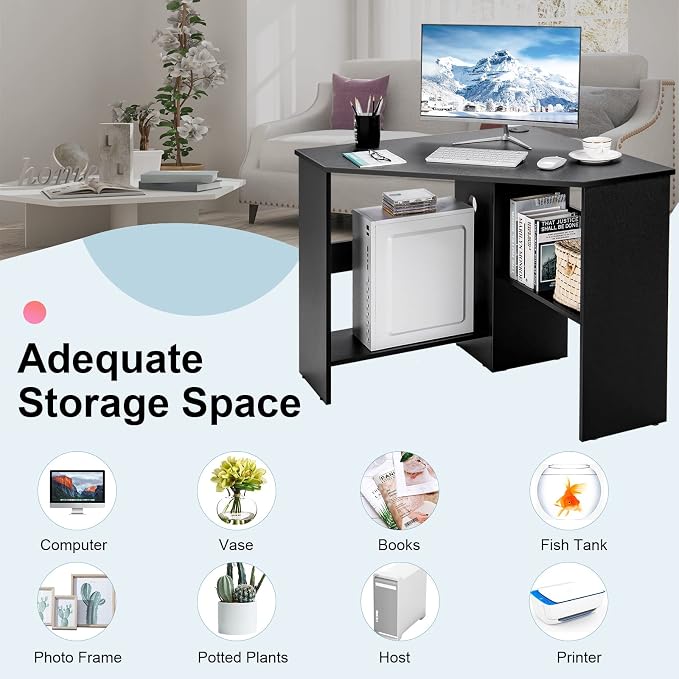Tangkula Corner Desk, 90 Degrees Triangle Computer Desk for Small Space, Bedroom Corner Makeup Vanity Desk with Storage Shelves & CPU Stand - Image 8