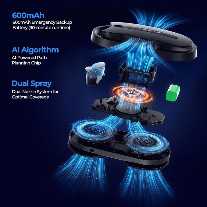 Tosima X1 Window Cleaning Robot – Dual-Nozzle Ultrasonic Water Atomization, 85 ml Visible Water Tank, Automatic Window Cleaner for Large & Small Windows - Image 2