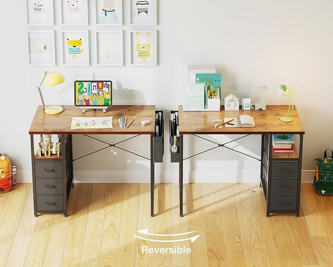 AODK 32 Inch Small Computer Desk with Fabric Drawers, Vintage | Mini Desk with Storage Shelf & Bag, Kids Study Desk for Bedroom, Home Office Desk for Small Space - Image 5