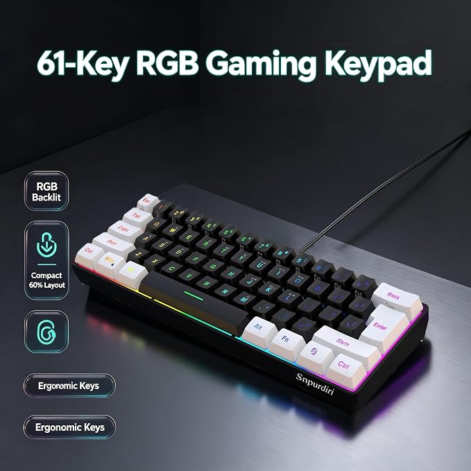 Snpurdiri 60% Wired Gaming Keyboard, Small RGB Backlit Membrane Gaming Keyboard, Ultra-Compact Mini Waterproof Keyboard for PC Computer Gamer White and Black | Backlit Small Membrane Gaming Keyboard for PC Computer Gamer - Image 9
