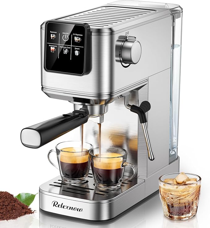 RELEXNOW Espresso Machine, 20 Bar Espresso Maker Milk Frother & LCD Panel, Hot & Iced Coffee Machine, Stainless Steel Espresso Coffee Machine with 41oz Water Tank for Cappuccino, Latte by HealthyLivingStartswithRelexNow