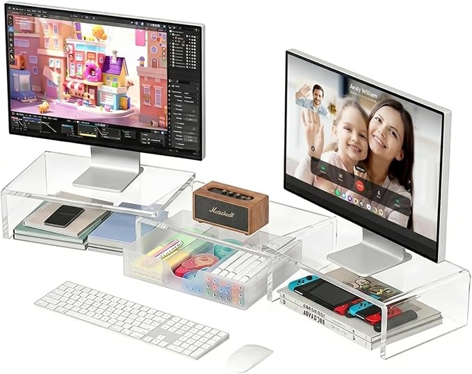 OPNICE Clear Acrylic Desk Organizers and Accessories, Dual Monitor Stand Riser with Drawer, Desk Shelf Computer Racks for Office Workspace Organizers, Desktop Organization (Transparent) by OPNICE