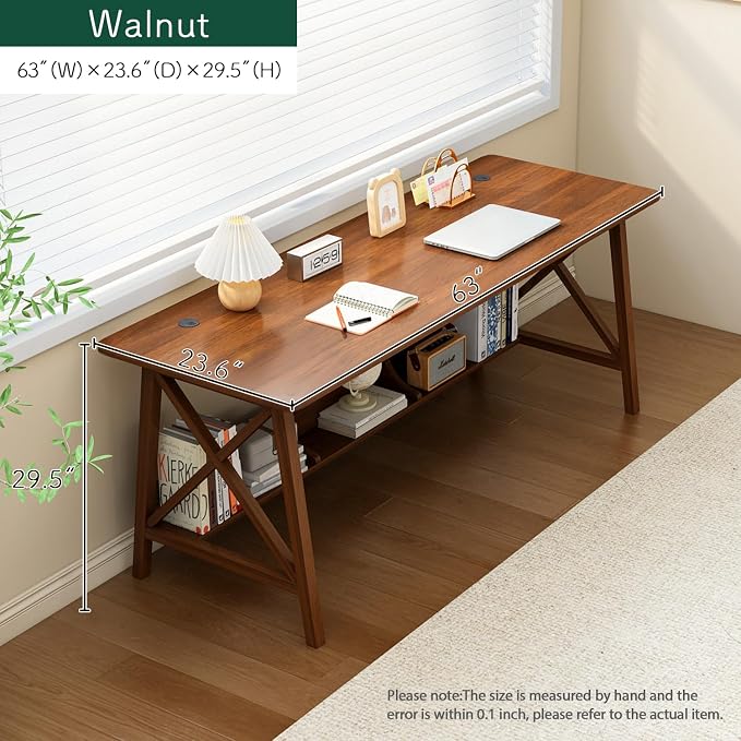 NELYE Extra Long Writing Desk with Bookshelf, 63" Wx24 Dx30 H, Walnut | Wooden Home Office Work Study Table, Computer Gaming Workstation with Storage Shelf, Sturdy MDF Resists Wobble - Image 5