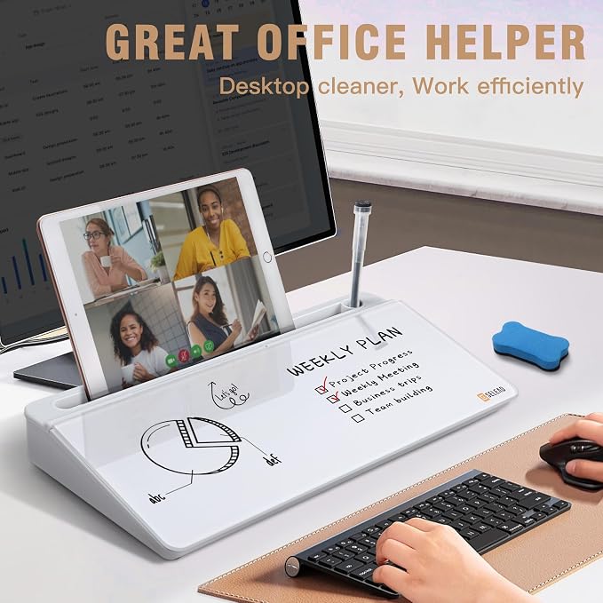 SELEAD Desktop Glass Whiteboard with Organizer & Built-in Mirror, Small Dry Erase White Board Computer Pad Keyboard Stand for Home, School, Office Desk Accessories - White - Image 3