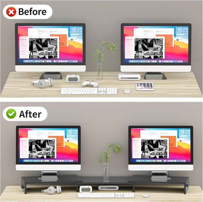 Pholiten Dual Monitor Stand Riser for 2 Monitors，Desktop Monitor Stand with Adjustable Length and Swivel Angles, Extra Long Multifunctional Stand up to 48.2" fit Computer Laptop Printer Max 44 lbs - Image 3