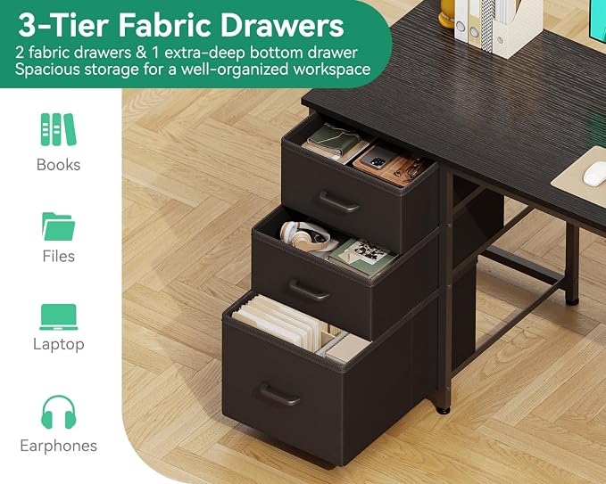 AODK 51 Inch Computer Desk with Drawers & USB Power Outlets | Reversible Home Office Desk with Storage Shelves, Work from Home, Modern Work/Writing/Study Table for Bedroom, Black - Image 4
