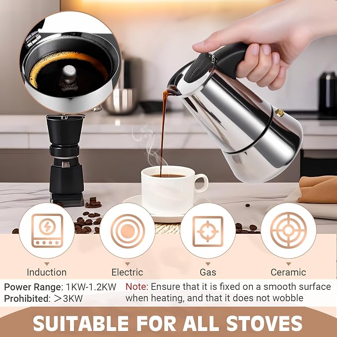 4 Cup Stainless Steel Moka Pot, 200ml Stovetop Espresso Maker, Silver - Image 5