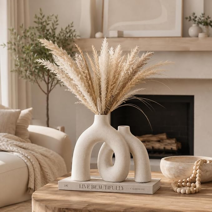Cream White Decorative Vase Set - Modern Hug Donut Ceramic Vases by JAS & JAX GOODS, Minimalist Boho Style Centerpiece for Console Table, Living Room, Bookshelf, or Fireplace Mantel by Unknown