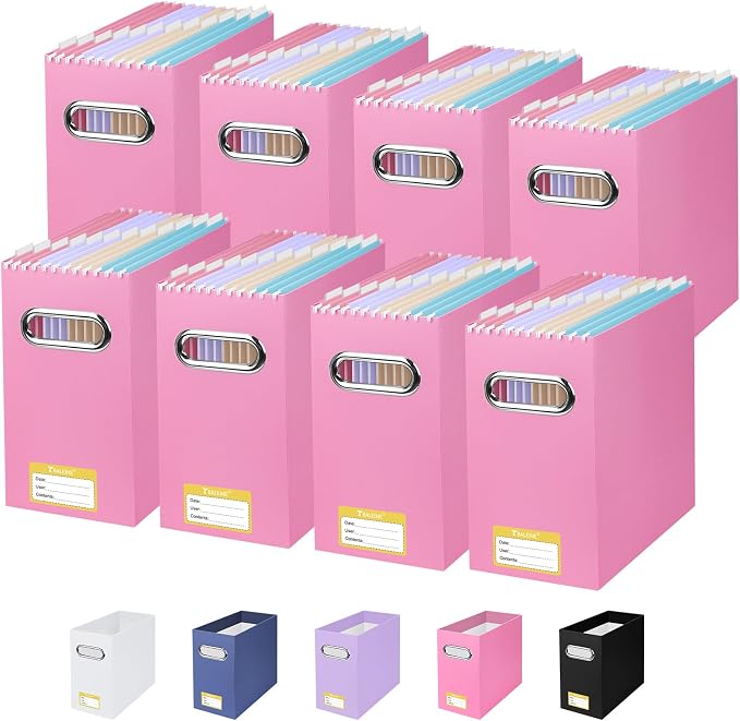 BALEINE File Organizer Box, Cardboard File Folder Organizer with Handle for Letter Size, Portable Collapsible Hanging Filing Box for Home Office Document Storage (8 Pack, Pink) by BALEINE