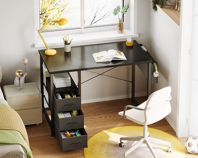 AODK 32 Inch Small Computer Desk with Fabric Drawers, Black | Mini Desk with Storage Shelf & Bag, Kids Study Desk for Bedroom, Home Office Desk for Small Space - Image 2