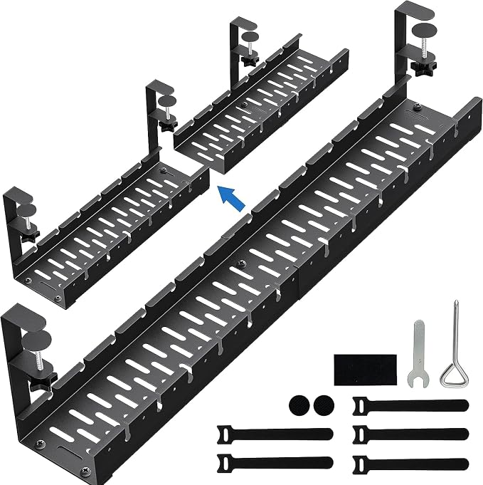 No Drilling Extendable Under Desk Cable Management, Metal Cable Management Tray Under Desk with Clamp, Retractable Power Strip Cord Holder for Wire Management 31Inch (2 Pack Extendable 31') by BIWIST
