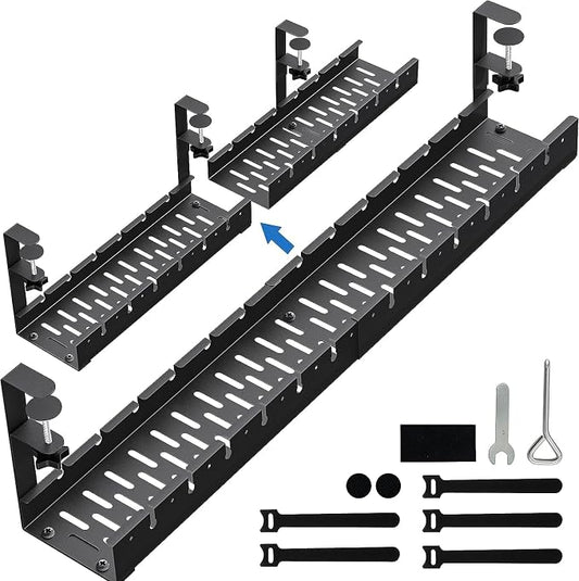 No Drilling Extendable Under Desk Cable Management, Metal Cable Management Tray Under Desk with Clamp, Retractable Power Strip Cord Holder for Wire Management 31Inch (2 Pack Extendable 31') by BIWIST