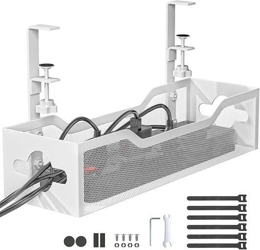 Under Desk Cable Management Tray White, Litwaro Cable Management Under Desk No Drill, Cable Organizer with Clamp for Wire Management, Cord Organizer for Office, Home No Damage to Desk by Litwaro