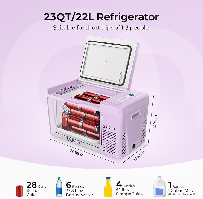 BougeRV Purple 23Quart Portable Refrigerator, 12 Volt Fridge 22L, Portable Freezer Compressor Cooler 12/24V DC 110~240 Volt AC for Truck Van RV Camper -8℉~50℉ - Image 2