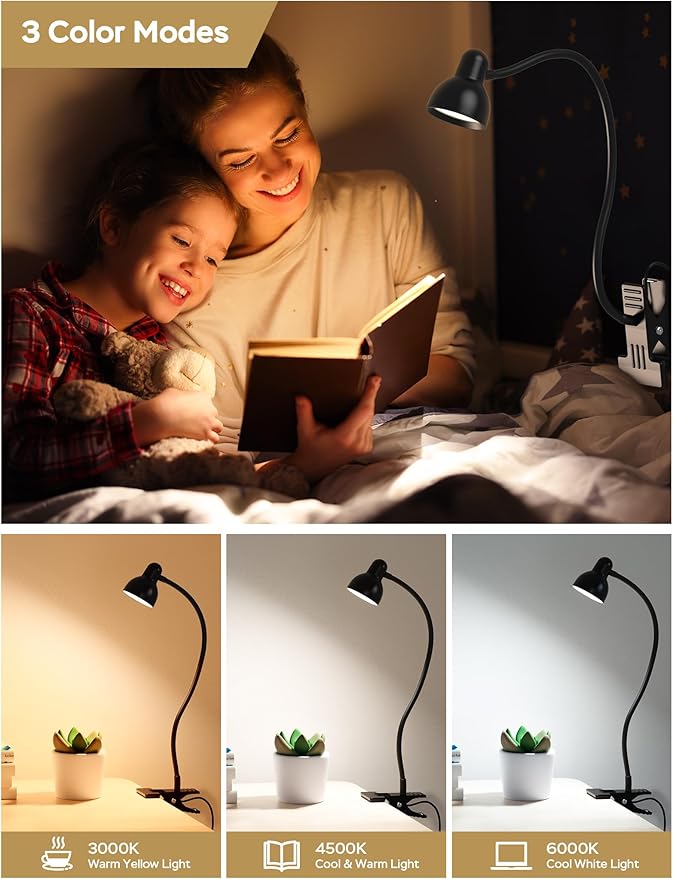LiFMIRA Clip-on Reading Light - 3 Color Modes, 10 Dimmable Brightness,Black | Eye Care Clamp Desk Lamp with Flexible Gooseneck for Reading in Bed, Desk, Headboard, Computer - Image 2