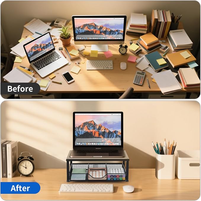 Small Laptop Stand for Desk, Monitor Stand Riser, Desk Organizer for Office Organization, Office Desk Accessories, Computer Desktop Stand with Drawer for Home, Office, School (Black) - Image 5