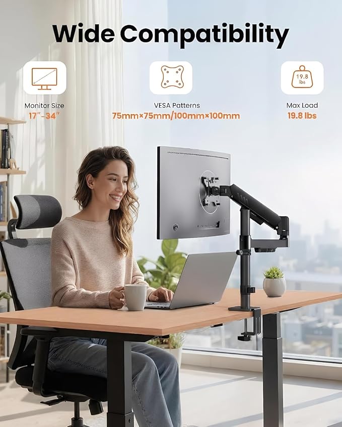 ErGear Single Monitor Arm, Adjustable Desk Gaming Monitor Mount for 13-34″ Screens, Up to 19.8 lbs, Enhanced Stability with Integrated C-Clamp, Upgraded Cable Management, VESA 75x75/100x100mm, Black - Image 2