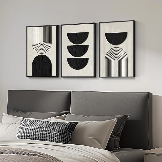 Framed Boho Black and White Abstract Wall Art, 3 Piece Modern Beige Canvas Prints Paintings Artwork for Walls, Black Geometric Pictures for Living Room Bedroom Hallway Office Wall Decor 16x24 In - Image 2