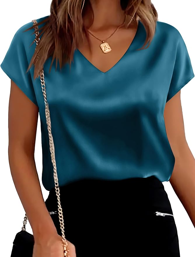 WIHOLL Womens Satin Summer Tops Cap Short Sleeve Blouses V Neck Shirts Business Casual Outfits Fashion Clothing 2026 - Image 4