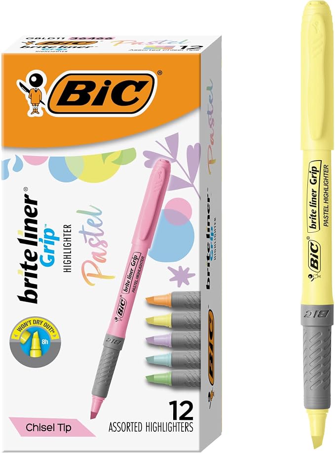 BIC Brite Liner Grip Pastel Highlighter Set, Chisel Tip, 12-Count by BIC