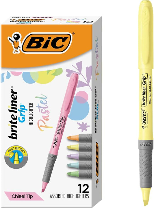 BIC Brite Liner Grip Pastel Highlighter Set, Chisel Tip, 12-Count by BIC