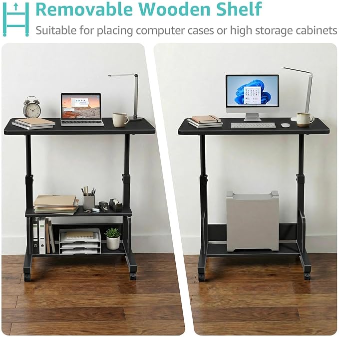 WINAZ Small Portable Rolling Kids Desk - 32" Mobile Laptop Desk with Wheels for Small Spaces, Height Adjustable C Shaped Side Table with 2-Tier Storage Shelves, Black - Image 8