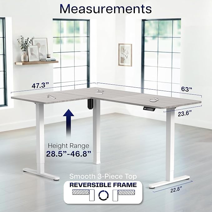 VIVO Dark Gray 63 x 47 in Corner Standing Desk, DESK-E3CTWG-47 | Electric, Reversible L-Shaped Table, Sit Stand, Height Adjustable, Memory Controller, Office Furniture Sets, White Frame - Image 5