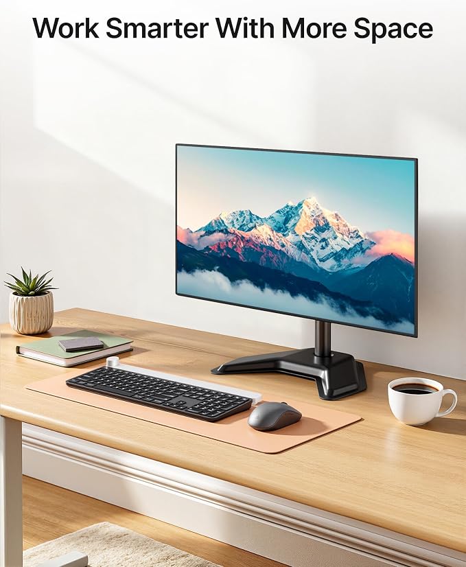 monTEK Freestanding Single Monitor Stand for 17-32" Screens, 22 lbs | Solid V-shaped base, single-screen full-motion arms, height adjustment, tilt, swivel, rotation and VESA 75/100 - Image 6