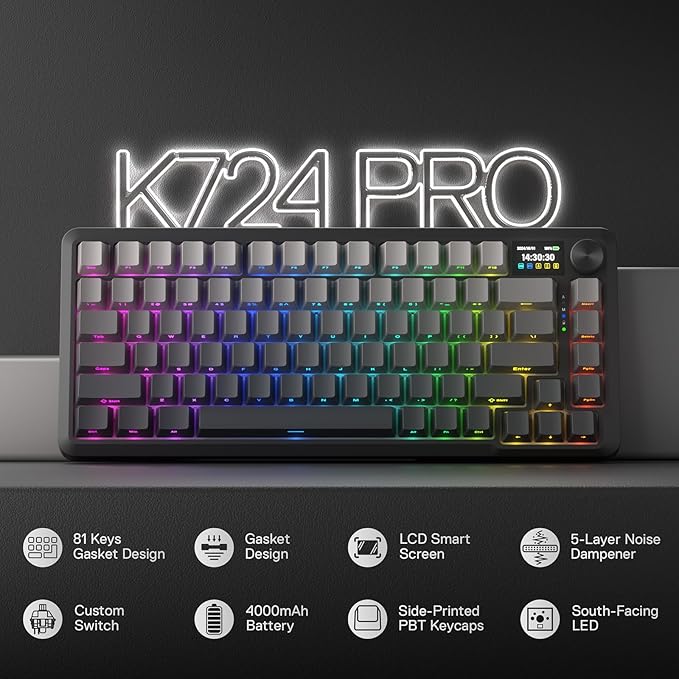 Redragon K724 PRO Wireless 81-Key Gasket Gaming Keyboard, TFT Screen & Knob | Easy-Control LED Info Display, 0-Delay Tri-Mode, Cushioned 5-Layer Noise Dampening for Creamy Thocky Sound, Compact 80% Size - Image 2