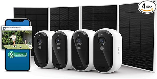 Arlo Essential Security Camera 2K (3rd Gen, 2025 Release) 4 Cam + 4 Solar Panels + 6 Months of Secure Plus Plan - Wireless Outdoor Camera, Battery Power, Person Recognition, Package Detection, White by Unknown