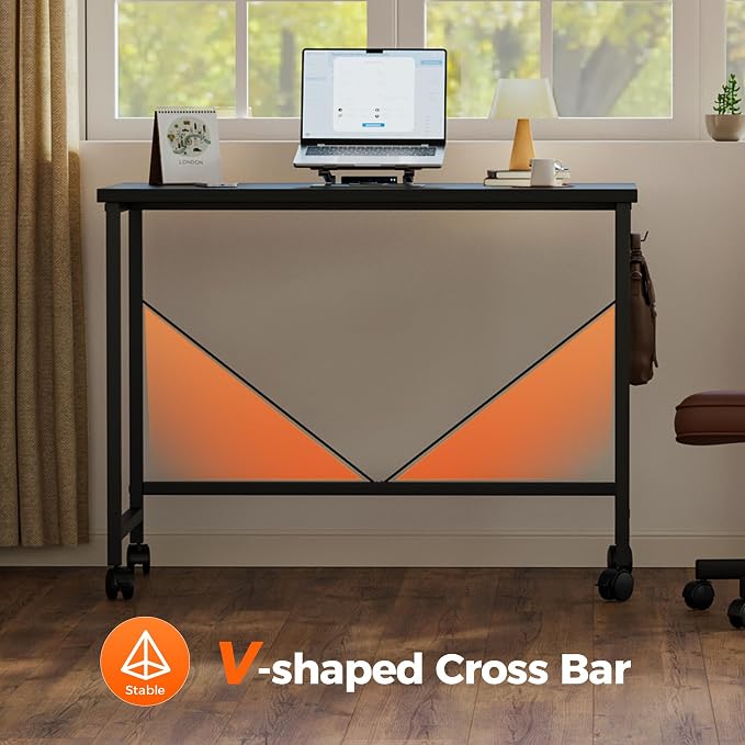 Mericonia 39x20 Inch Computer Desk with Wheels, Small Simple Rolling Desk | Writing Table for Home Office Bedroom Work Study, Black - Image 6