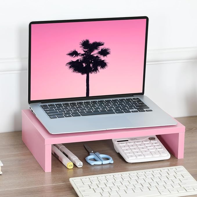 TEAMIX Pink Monitor Stand Riser, Wood Monitor Riser with Storage for Desk Small Monitor Stand TV/Screen/PC/Laptop Riser Computer Stand Desktop Shelf (Pink-14.2 inch) - Image 2