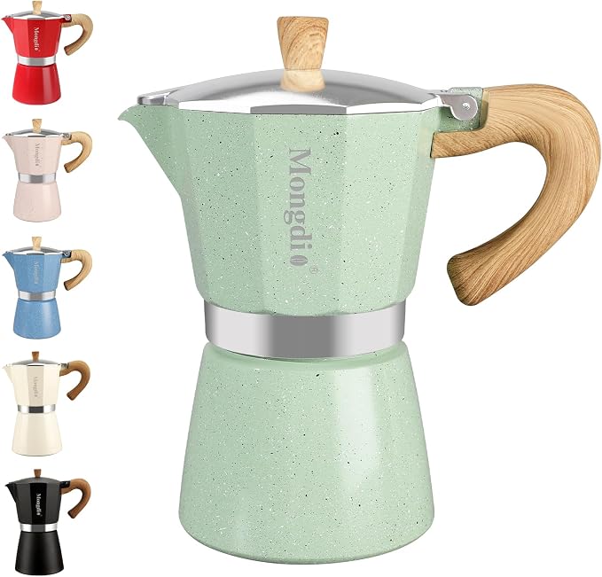 Mongdio Stovetop Espresso Maker Moka Pot, Cuban Coffee Maker Stove top coffee maker Moka Italian Espresso Greca Coffee Maker Brewer Percolator, 6 Espresso Cups, 10 oz - Green by Mongdio