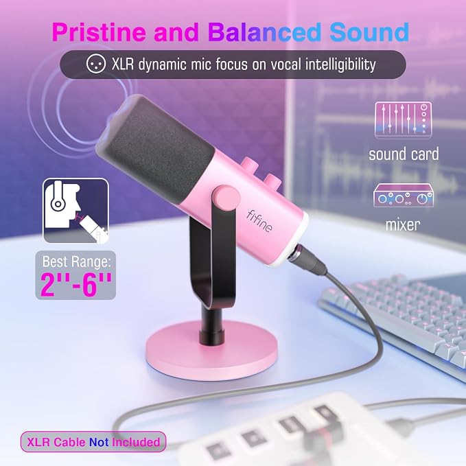 FIFINE AmpliGame AM8P XLR/USB Dynamic Microphone for Gaming Recording | PC Microphone with Controllable RGB, Headphones Jack, Mute Button, for Streaming Podcasting Voice-Over YouTube Video, Pink - Image 2