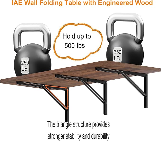 IAE 55x22in Floating Fold Desk,Wall-Mounted Folding Computer Table,Walnut | Study Table with Shelf Brackets,Foldable Down Shelf with Engineered Wood,Fold Computer Desk for Small Apartment,Holds 512 lb - Image 5