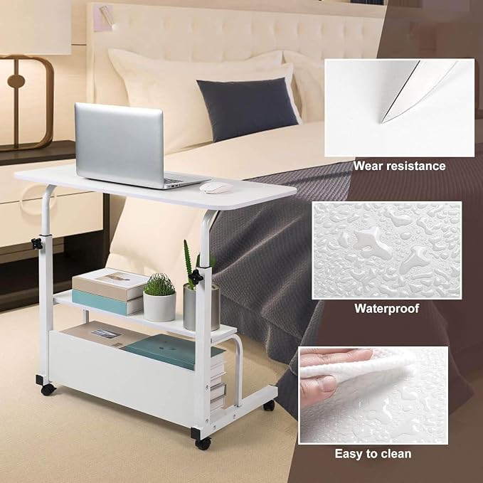 Adjustable Height Mobile Computer Desk for Small Space Rolling Writing with Wheels Corner Home Office Study Portable Bedrooms Work Desk Standing Table Sizes 31.5X15.7 Inches White - Image 5