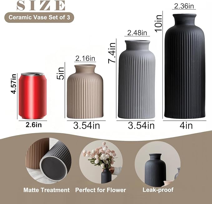 Large Modern Ceramic Vase Set, Black Ribbed Matte Finish, 3-Piece Decorative Vases for Home Living Room Office, 10 inch Tall, 4 inch Width (XL Black Mix) - Image 6