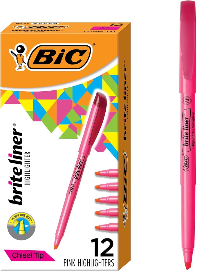 BIC Brite Liner Highlighters, Chisel Tip, 12-Count Pink Set for Organizing by BIC