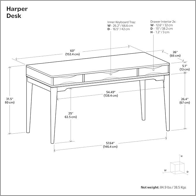 SIMPLIHOME Harper Desk - 60 Inch Wide Solid Wood Writing Desk in Honey Brown, Mid-Century Modern Home Office Computer Table for Study with 2 Drawers and Flip-Down Keyboard Tray - Image 3