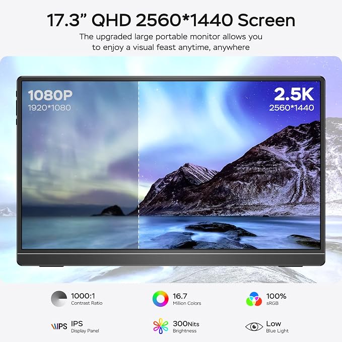 MNN 17.3" QHD 165Hz USB-C HDMI Gaming Monitor | 17.3" QHD 165Hz IPS 100% sRGB, USB-C/HDMI, kickstand, slim metal, travel gaming for PC/Phone/PS5/Xbox. - Image 2