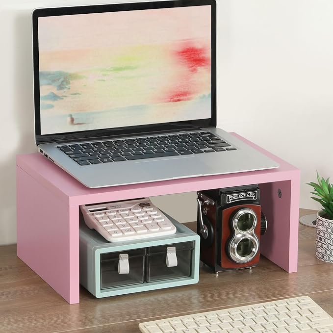 TEAMIX Pink Monitor Stand - 6.7 inch Tall, Wood Riser, Desktop Organizer - Image 2