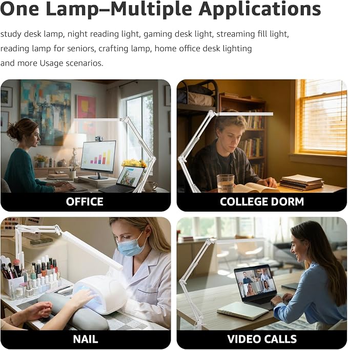 Upgrade Swing Arm LED Desk Lamp with Clamp, 80 LED Beads, 5 Color Modes & 11 Brightness Levels, 360° Adjustable Arm, Eye-Caring Light CRI95, Timer & Memory Function, for Office, Study, Crafting - Image 8