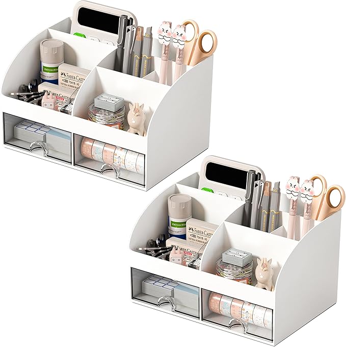 COMFYROOM Desk Organizer with 6 Compartments and 2 Drawers, Plastic Makeup Organizer, Pen Holder for Desktop Storage, Desk Organization for School, Home, Office Supplies (White-2Pack) by COMFYROOM