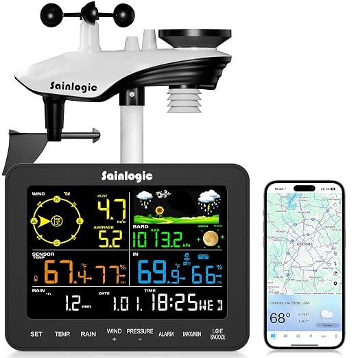 Sainlogic Smart WiFi Weather Station, Wireless Indoor Outdoor Weather Station with 24/7 Weather Forecast, Wind Speed, Rain Gauge, Alerts & 2-Year Data Export for Home Garden by Sainlogic