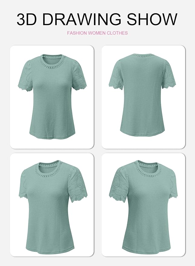 SHEWIN Womens Frenchy Summer Tops Crewneck Short Sleeve T Shirts Casual Waffle Knit Jacquard Blouses Top Shirts - Image 6