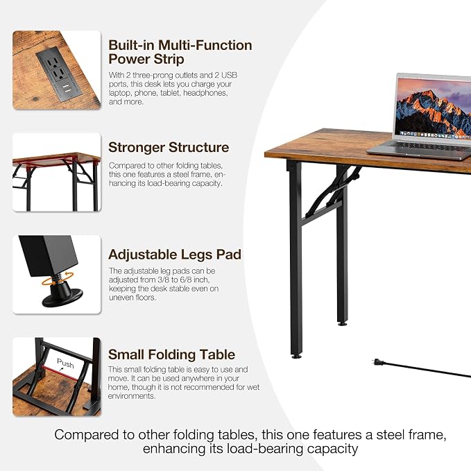 TEMI Small Computer Desk Folding Table - No Assembly, Compact 44.3" Foldable Desk with Power Outlets & USB Charging Port, Portable Small Office Desk, Ideal Mini Study Table for Narrow Spaces, Brown - Image 8