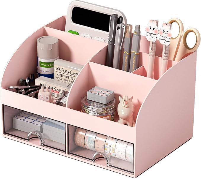 COMFYROOM Desk Organizer with 6 Compartments and 2 Drawers, Plastic Makeup Organizer, Pen Holder for Desktop Storage, Desk Organization for School, Home, Office Supplies (Pink) by COMFYROOM
