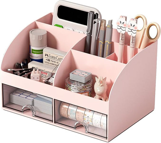 COMFYROOM Desk Organizer with 6 Compartments and 2 Drawers, Plastic Makeup Organizer, Pen Holder for Desktop Storage, Desk Organization for School, Home, Office Supplies (Pink) by COMFYROOM